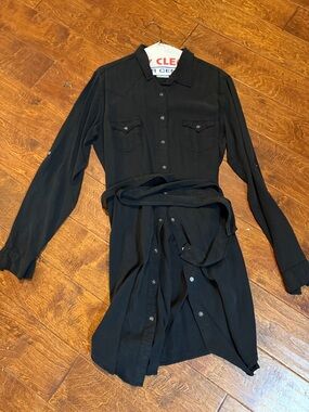 Black Button-Front Shirt Dress with Waist Tie